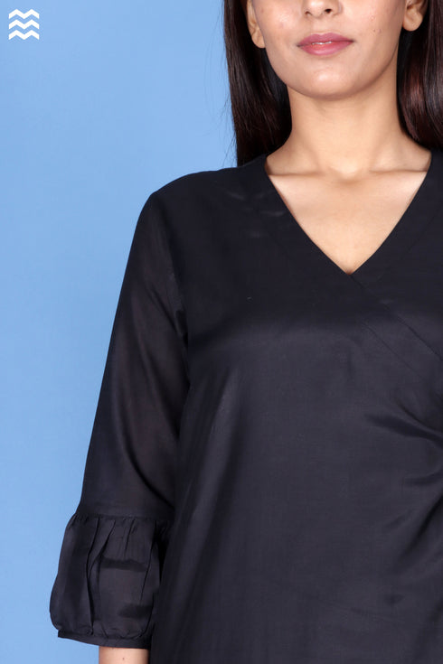 Cotton Silk Maxi Wrap Dress In Black